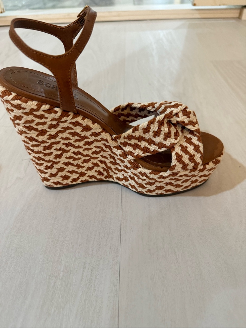 SCHUTZ Brown and Cream Woven Platform Wedge Sandals
